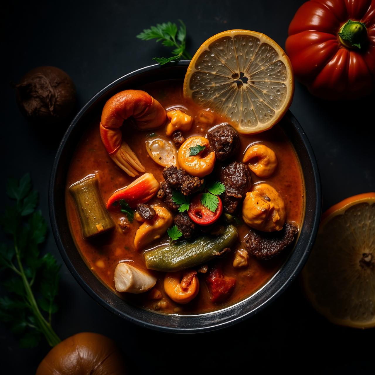 Seafood okra soup with assorted meats